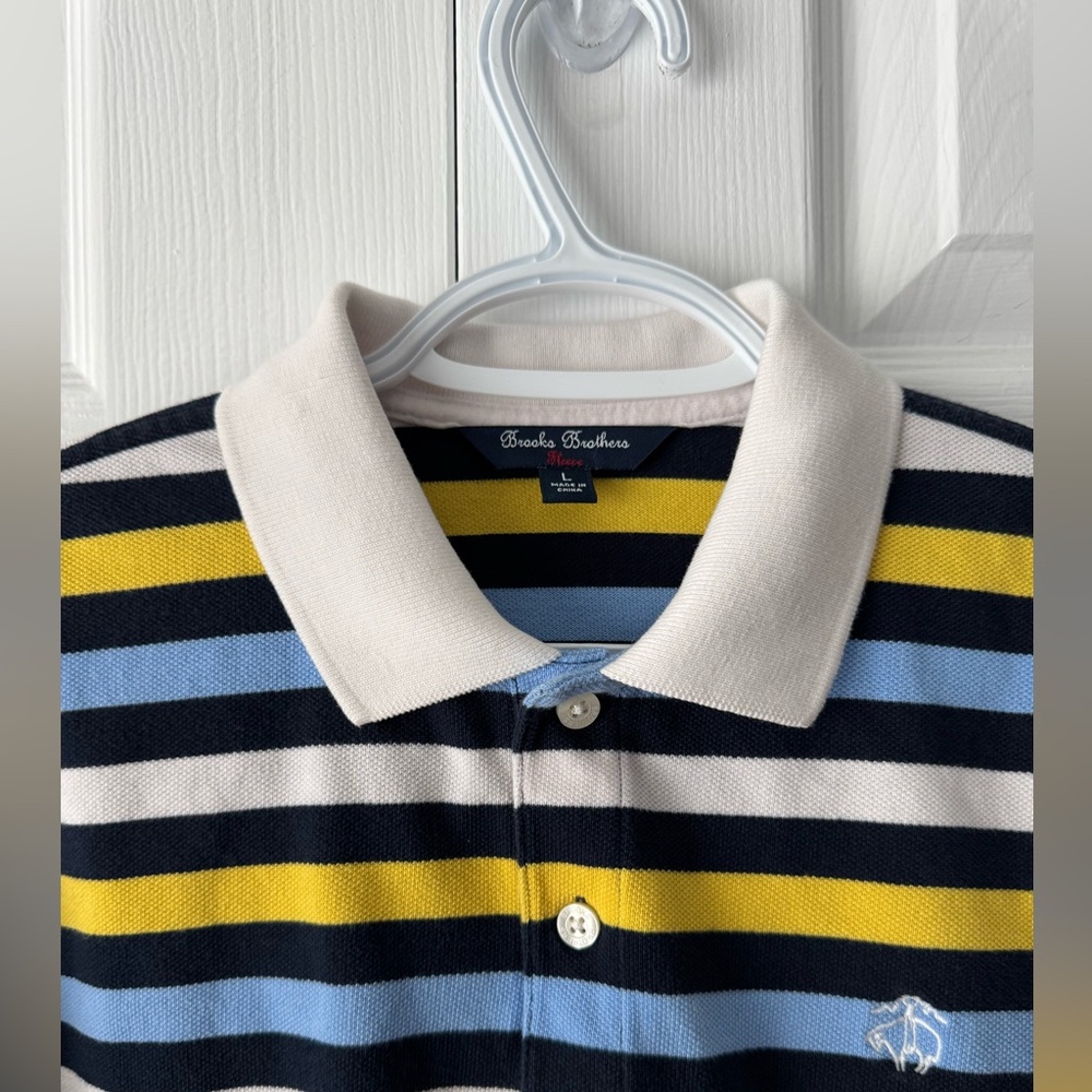 Brooks Brothers Navy Blue Yellow White Striped Cotton Polo Shirt Men's Large